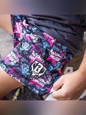 Active Shorts with Blue Waistband and Pink/Black Graphic Print